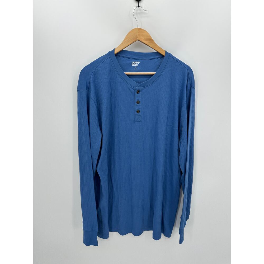 Lands End Mens XL Blue Ribbed Long Sleeve Henley Cotton Casual Shirt EB9